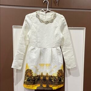 White Dress with Yellow Scenic Print and Embellished Collar NEW